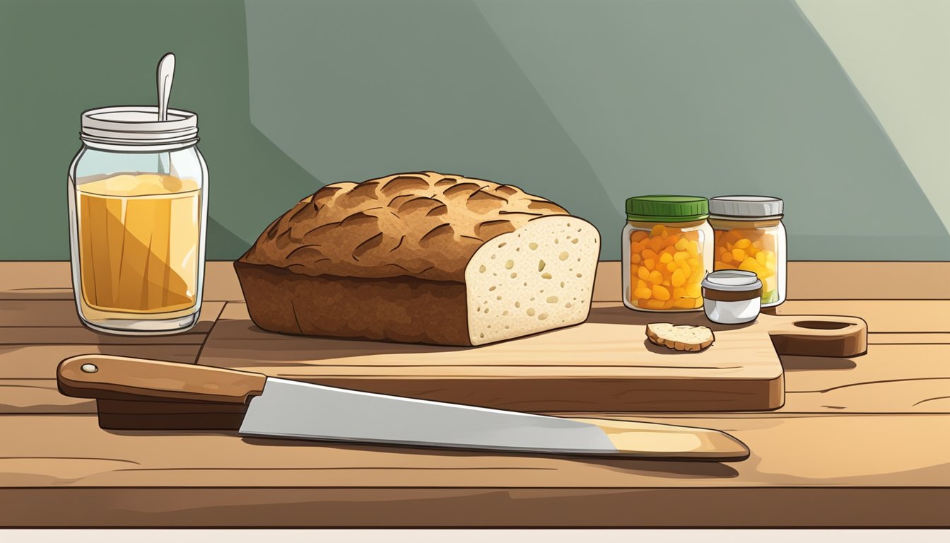 A loaf of Irish soda bread being sliced on a wooden cutting board with a serrated knife, next to a jar of jam and a spreader