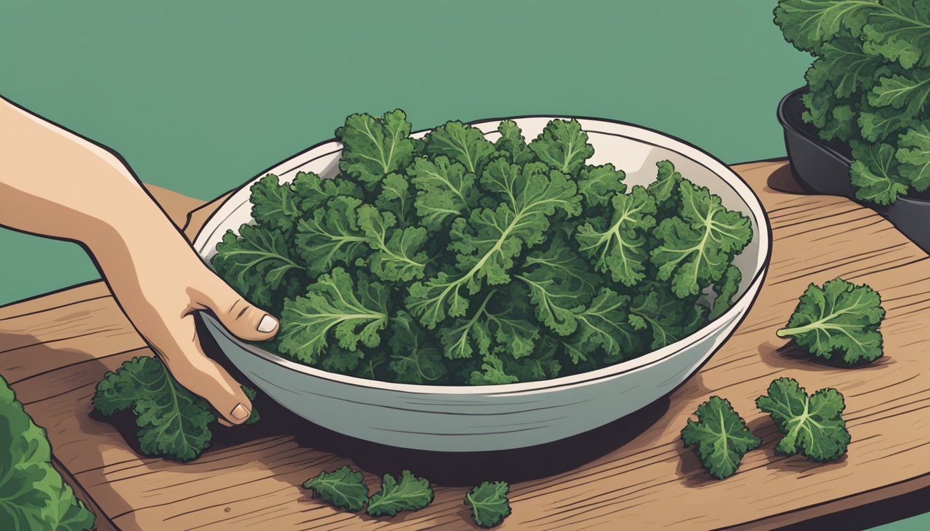 A hand reaching for a bunch of fresh kale, with a bowl of kale chips nearby