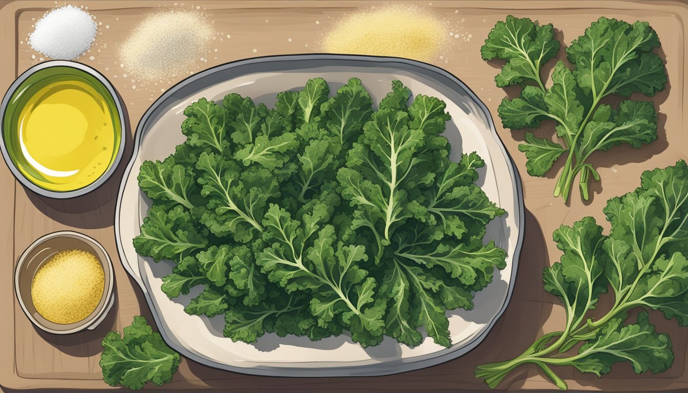 A bowl of kale chips surrounded by olive oil, salt, and a baking sheet