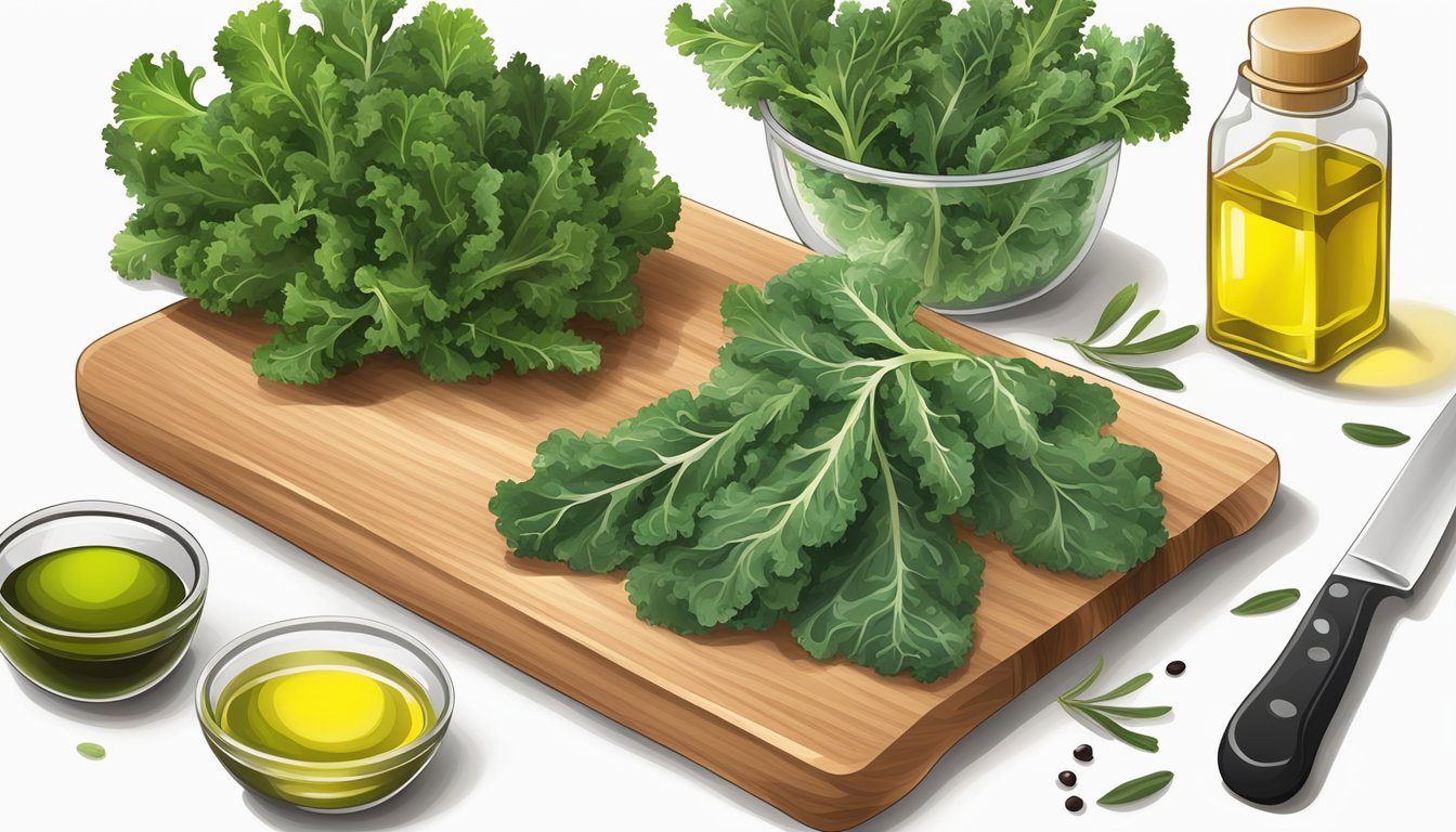 A cutting board with kale leaves, a knife, and a bowl of olive oil and seasoning