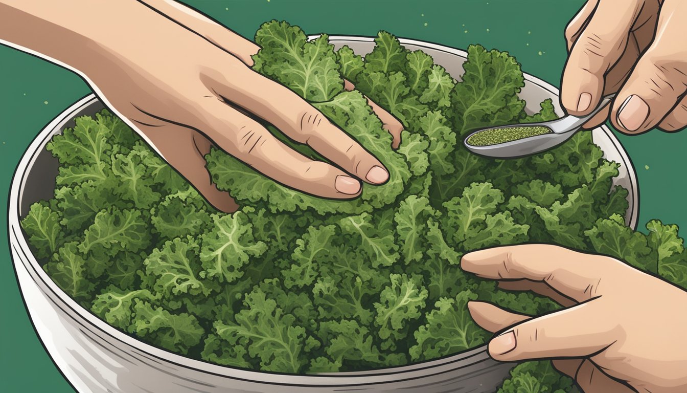 A bowl of kale chips sits next to a small dish of seasoning. A hand reaches for the seasoning, ready to sprinkle it over the chips