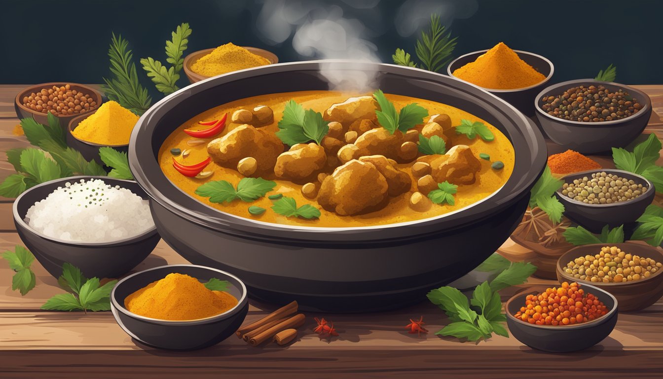 A steaming bowl of Indian curry surrounded by colorful spices and herbs on a rustic wooden table