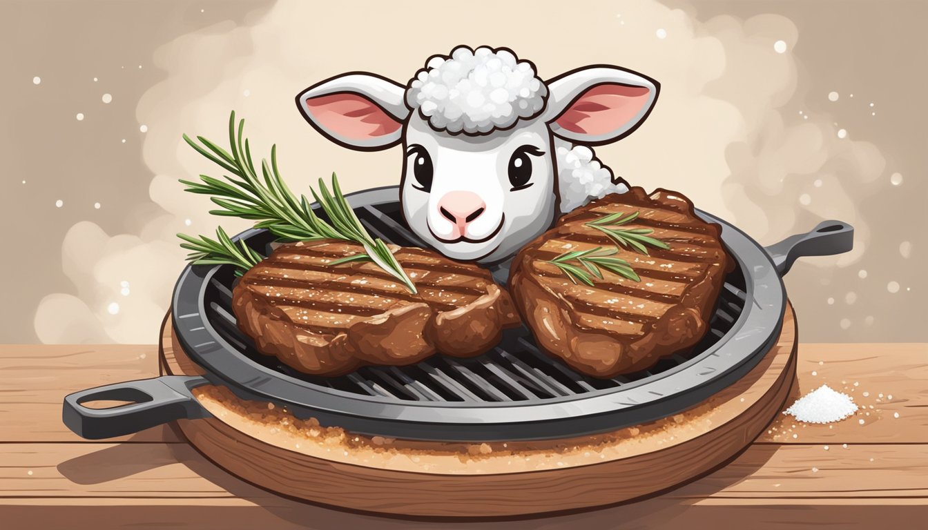 A lamb chop sizzling on a hot grill, surrounded by fresh rosemary, garlic, and salt