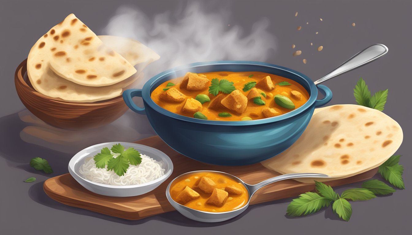 A steaming bowl of Indian curry is being savored with a piece of naan bread, while a spoon hovers nearby. The rich aroma of spices fills the air