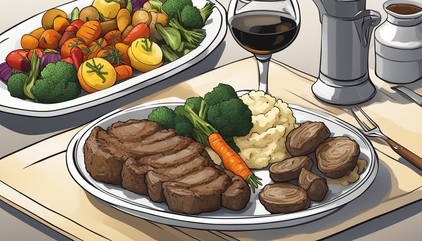 A lamb chop surrounded by a colorful array of roasted vegetables and a side of creamy mashed potatoes