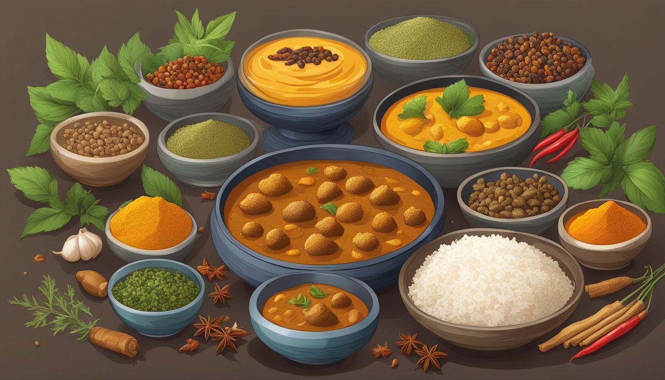 A table with colorful bowls of Indian curry surrounded by various spices and herbs