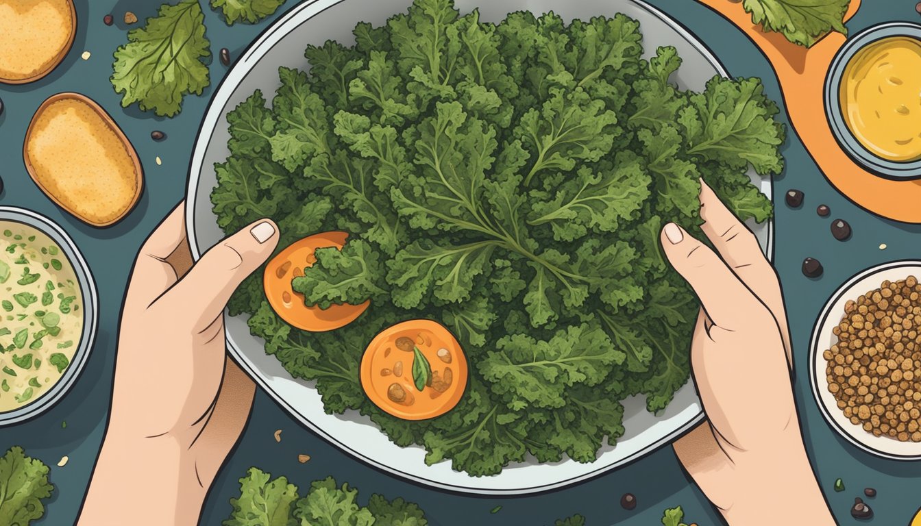 A bowl of kale chips surrounded by various toppings and seasonings, with a hand reaching in to grab a chip