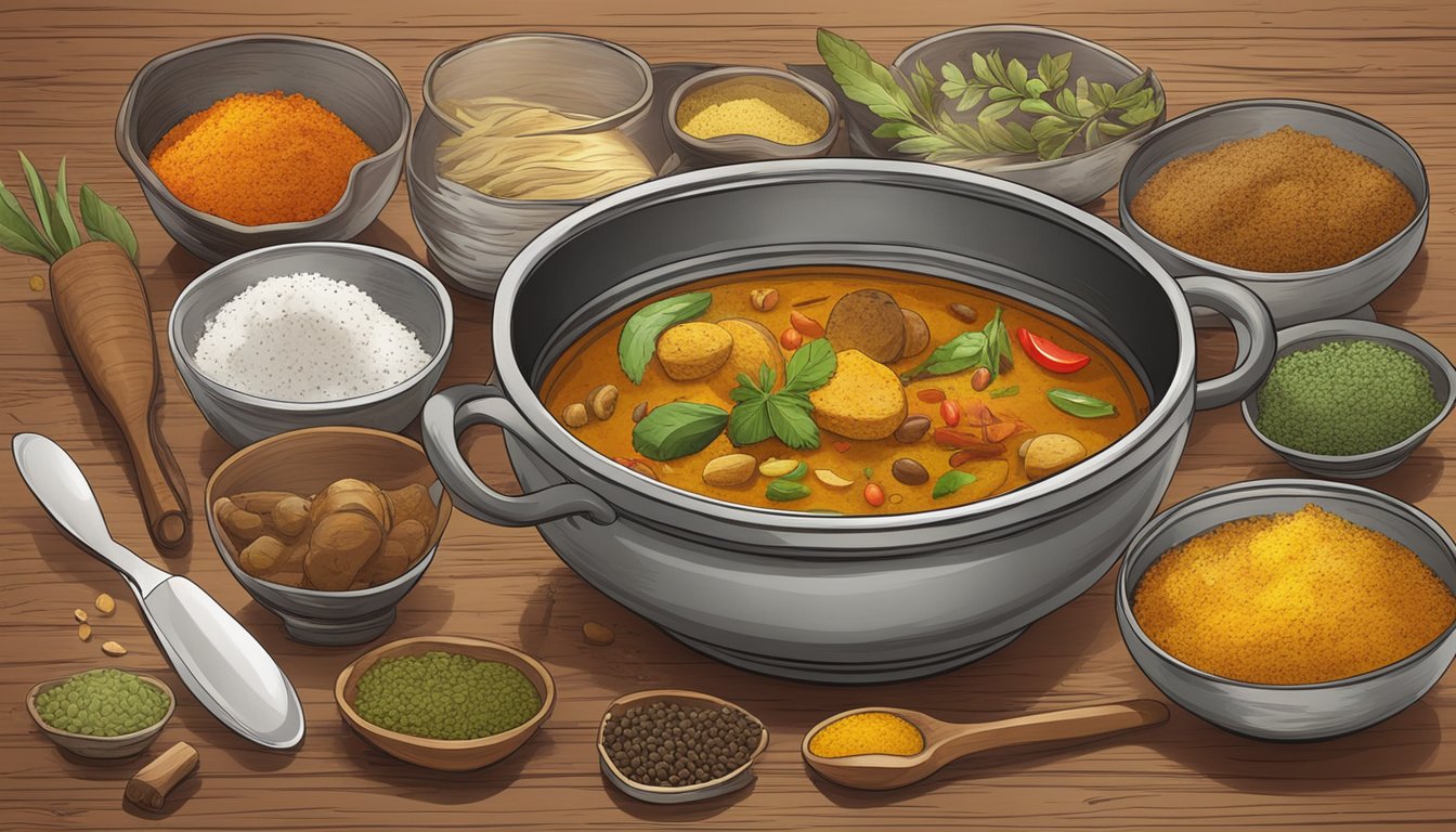 A steaming bowl of Indian curry sits on a wooden table, surrounded by a colorful array of spices and herbs. A spoon rests on the side, ready to be used