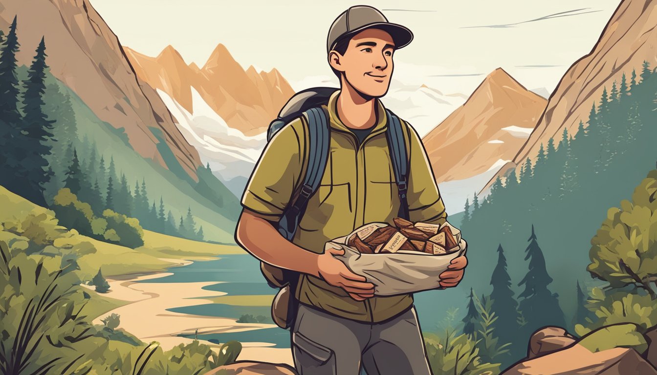 A hiker holds a bag of jerky, surrounded by nature. They tear off a piece and chew thoughtfully, savoring the salty, protein-rich snack