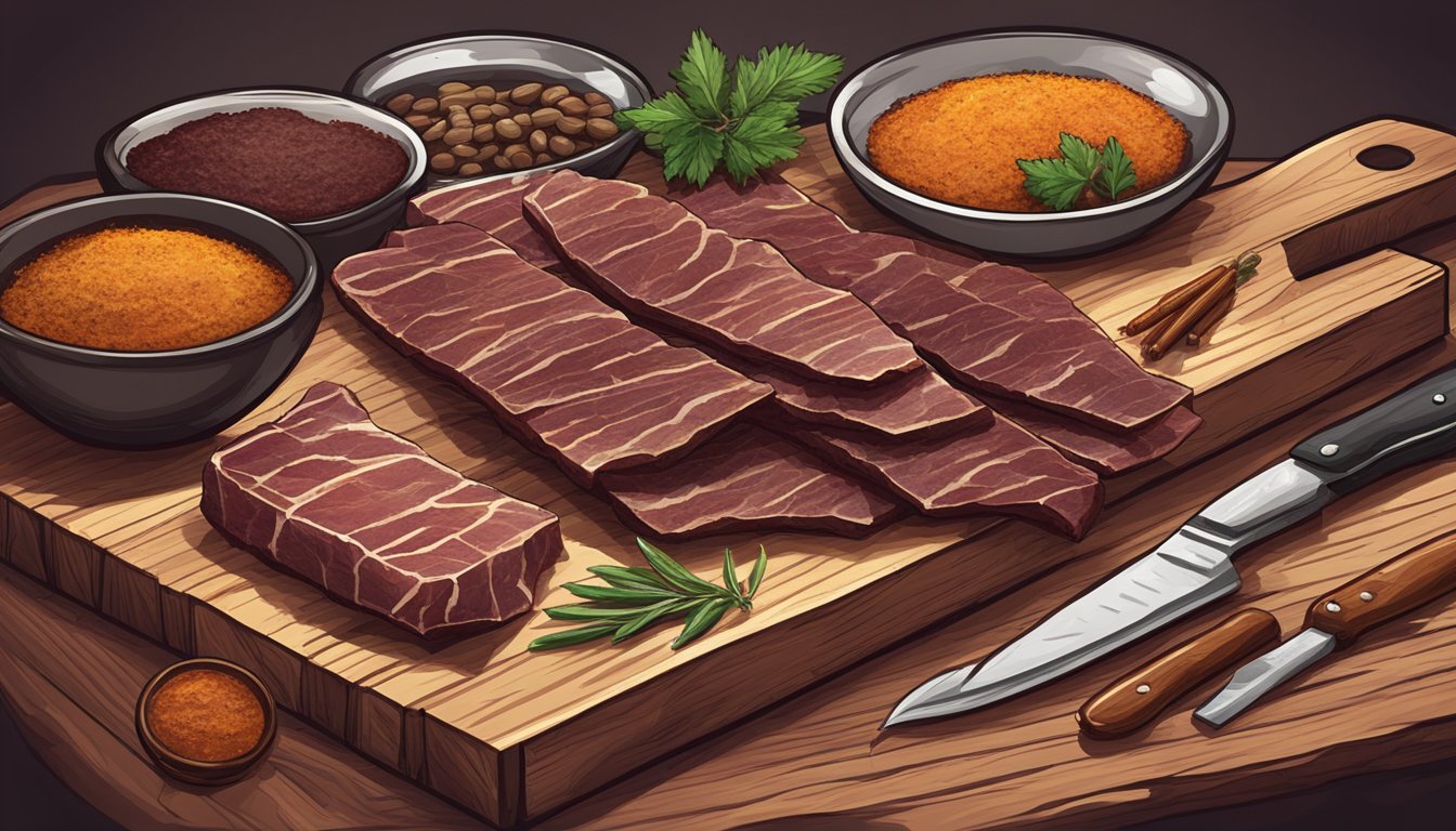 A variety of jerky laid out on a wooden cutting board, accompanied by a small knife and some spices