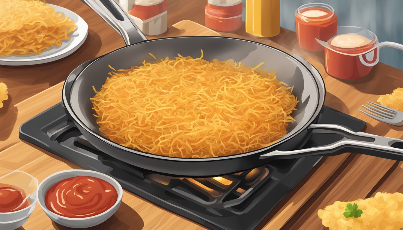 A plate of golden hash browns sizzling in a hot skillet, steam rising, with a side of ketchup and a fork nearby