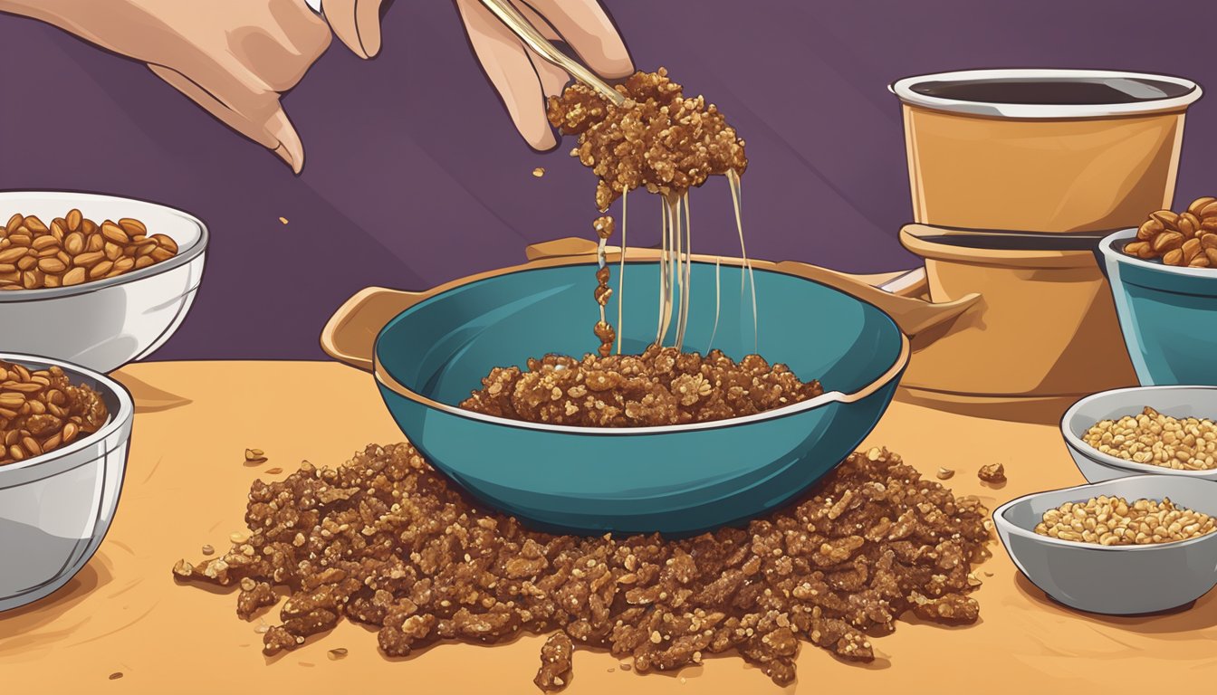 A jerky being dipped in a savory sauce and then rolled in crushed nuts for added flavor and texture