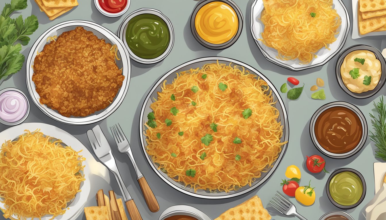 A plate of golden hash browns surrounded by a variety of condiments and utensils