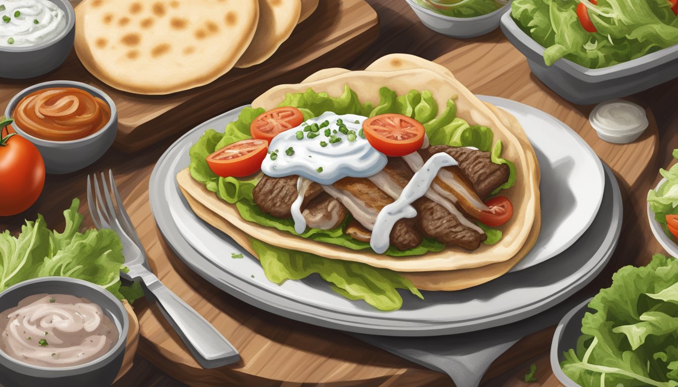 A lamb gyro surrounded by pita bread, lettuce, tomatoes, and onions, with a side of tzatziki sauce and a sprinkle of oregano