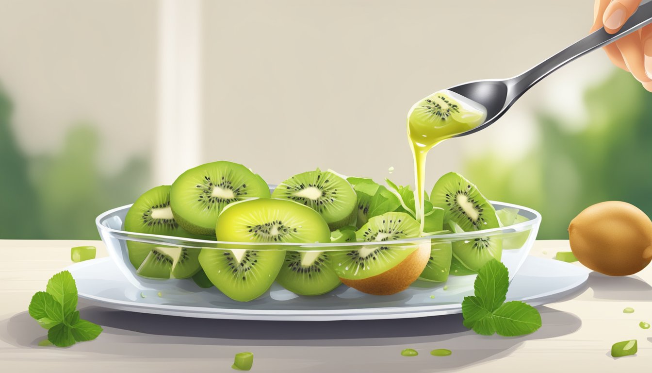 A kiwi salad being drizzled with dressing from a spoon