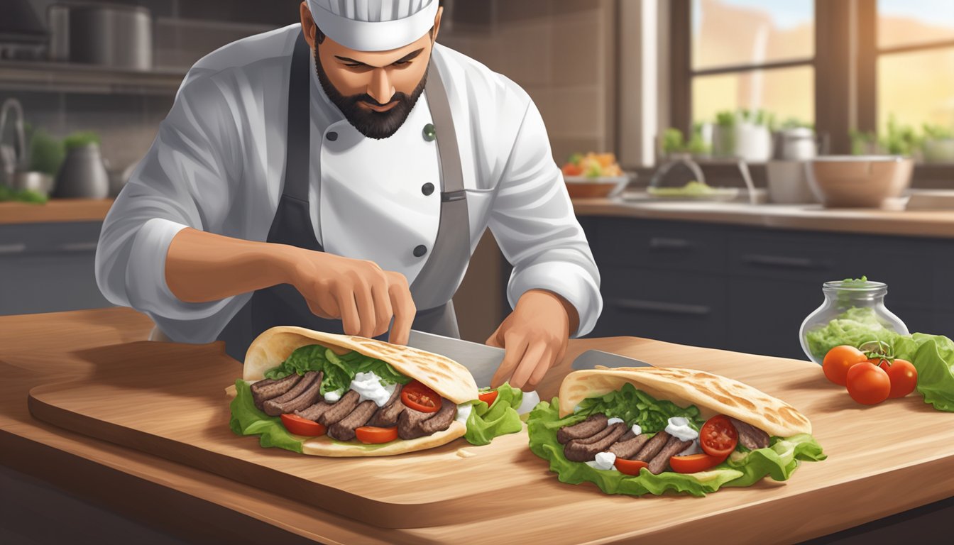 A chef assembling a lamb gyro with pita, meat, lettuce, tomatoes, onions, and tzatziki sauce on a clean cutting board