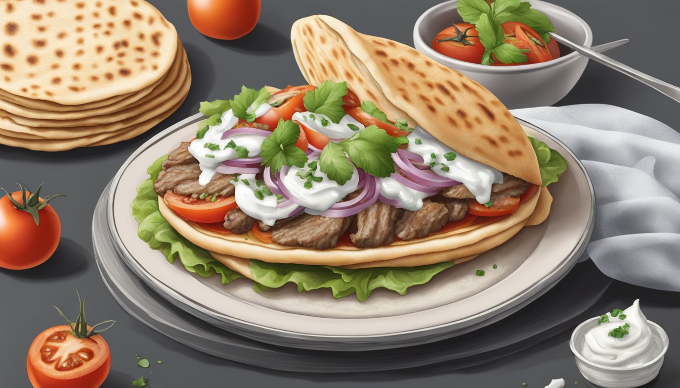 A lamb gyro being sliced and assembled with tomatoes, onions, and tzatziki sauce on a warm pita