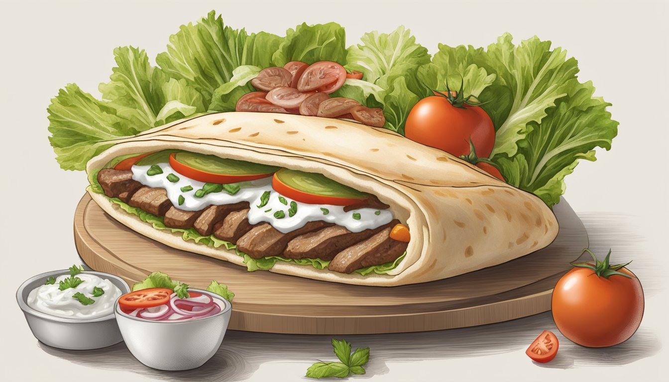 A lamb gyro being assembled with layers of meat, lettuce, tomatoes, and tzatziki sauce in a warm pita