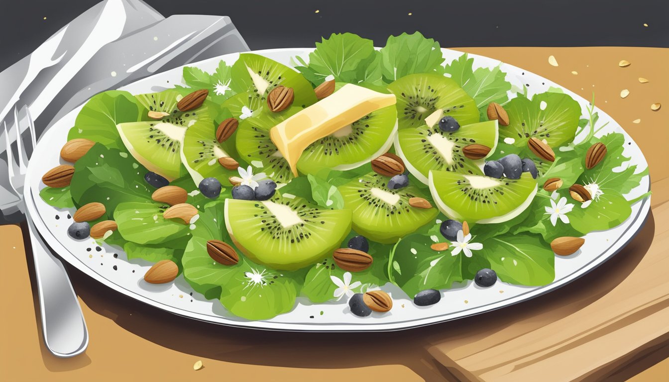 A kiwi salad with vibrant slices of kiwi, mixed greens, and a drizzle of dressing, topped with a sprinkling of nuts and seeds