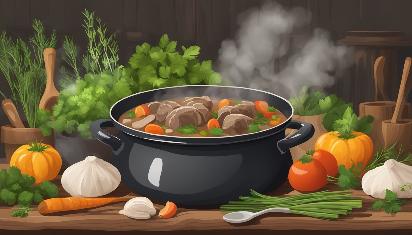 A steaming pot of lamb stew surrounded by fresh herbs, vegetables, and a wooden spoon on a rustic kitchen counter