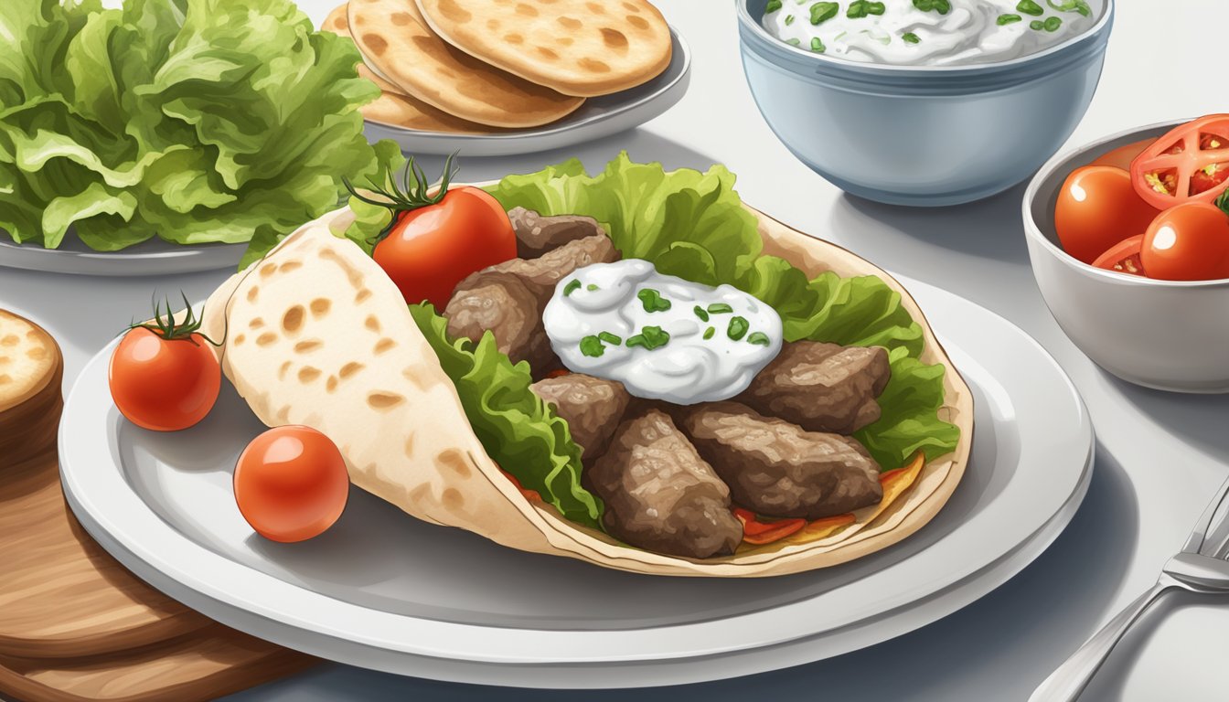 A lamb gyro sits on a plate alongside a stack of warm pita bread, a side of tzatziki sauce, and a bed of fresh lettuce and tomatoes