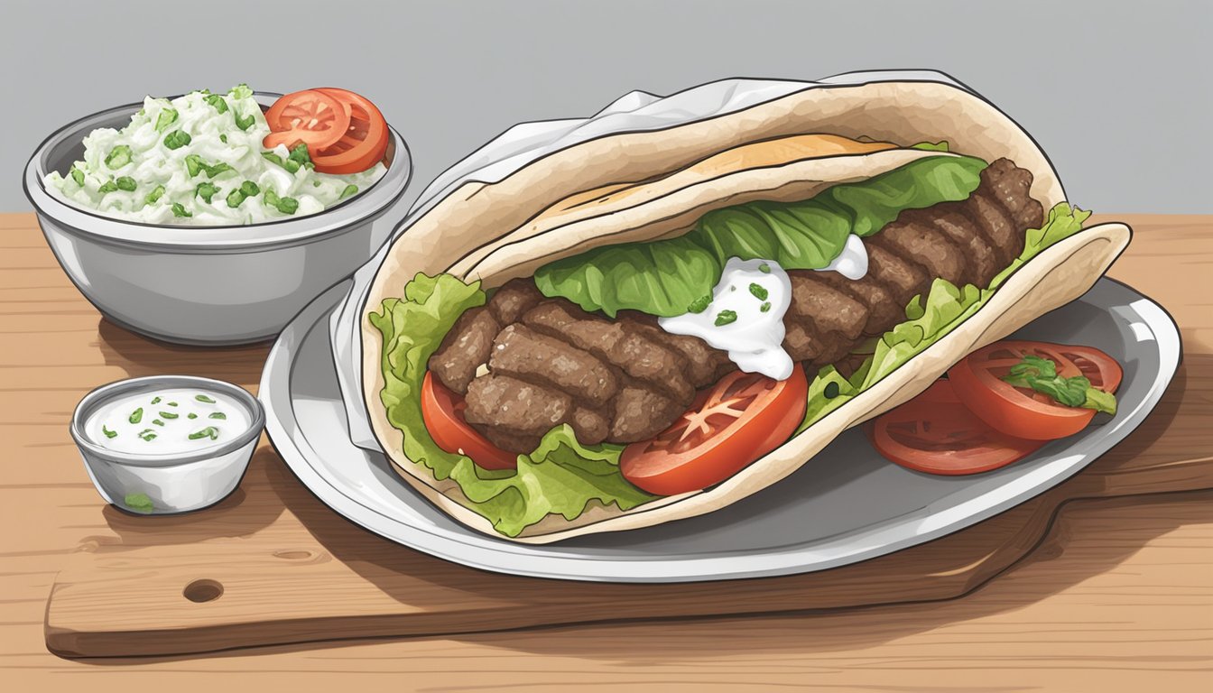 A lamb gyro is being unwrapped and assembled with lettuce, tomato, onions, and tzatziki sauce, ready to be eaten