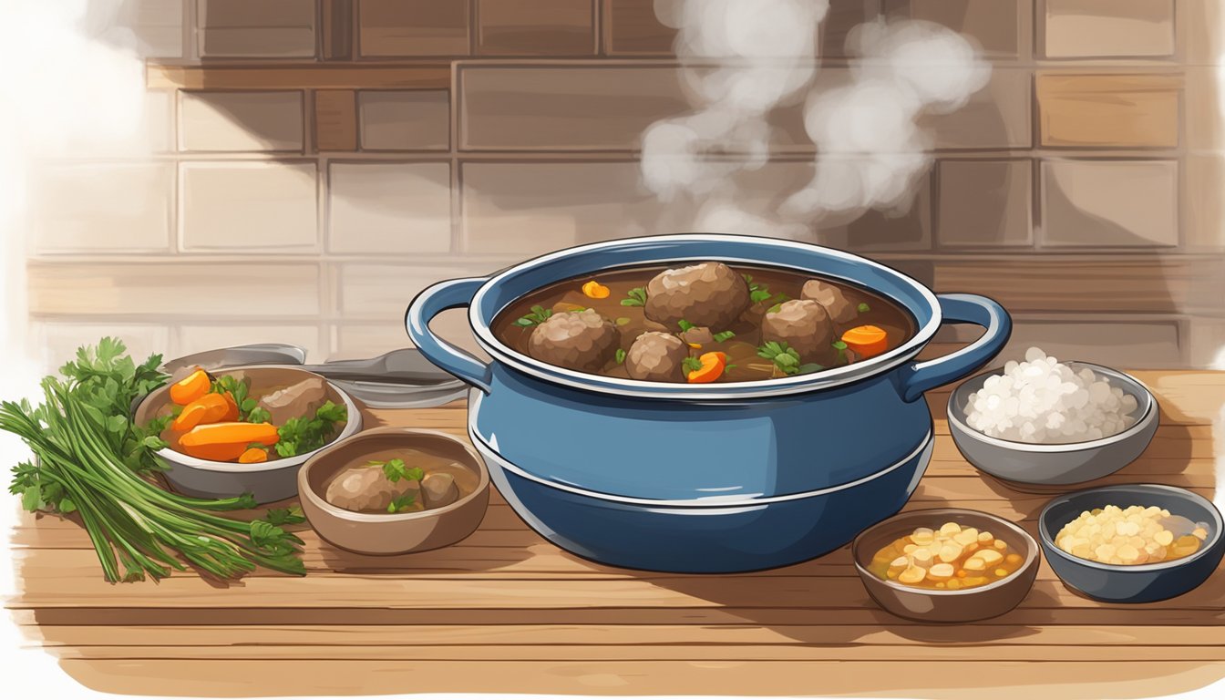 A steaming lamb stew sits in a rustic ceramic bowl on a wooden table, next to a stack of bowls and a ladle. A pot of stew simmers on the stove in the background