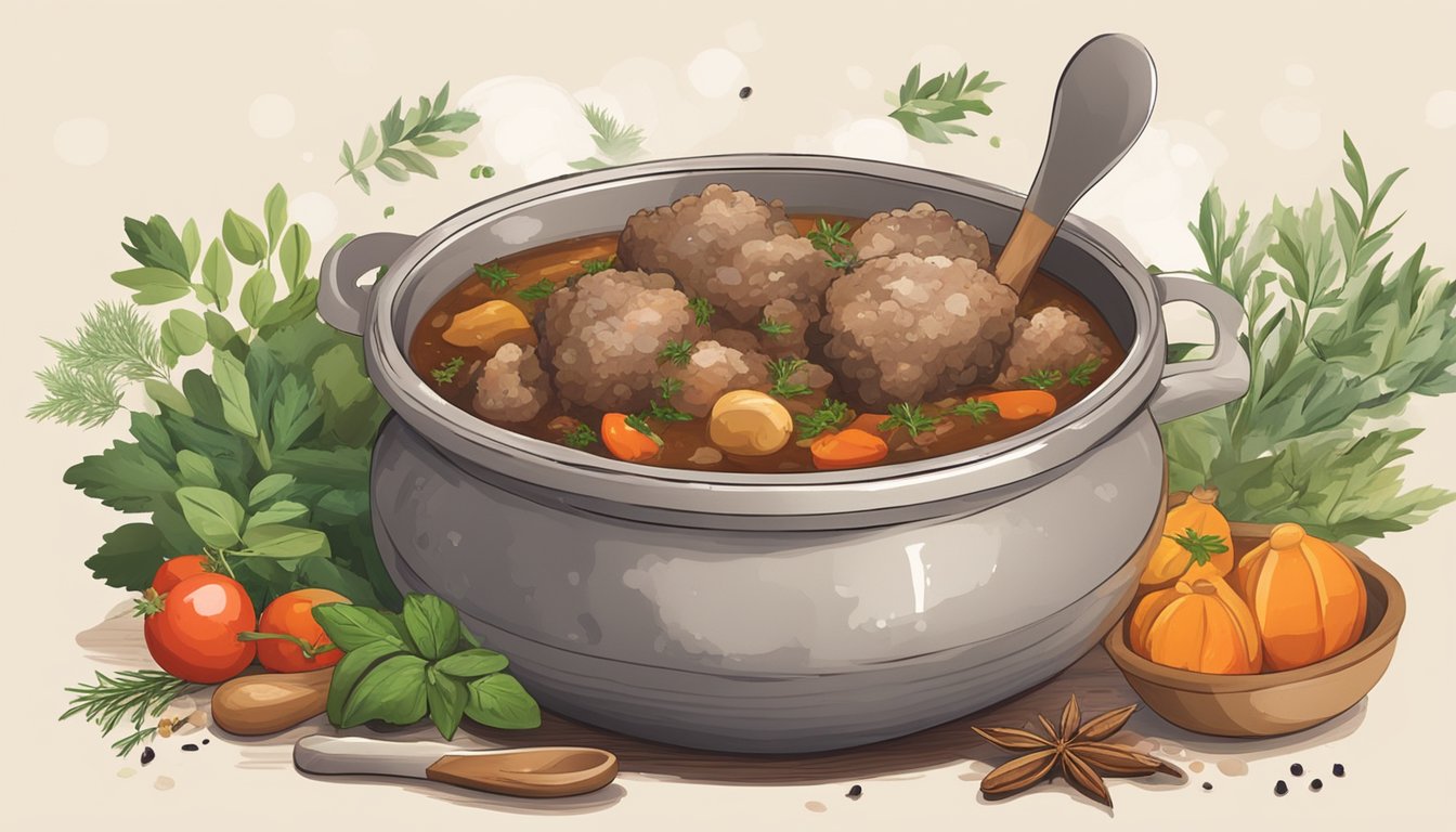 A steaming lamb stew sits in a rustic bowl on a wooden table, surrounded by scattered herbs and spices. A spoon hovers over the bowl, ready to scoop up a hearty mouthful