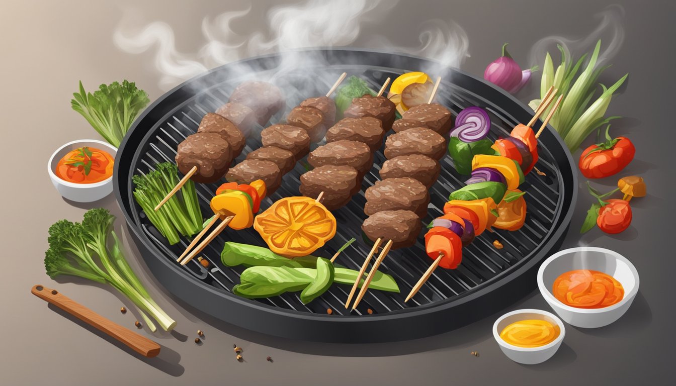 A lamb kebab sizzling on a hot grill, surrounded by various vegetables and skewers, with smoke rising and the aroma of spices filling the air