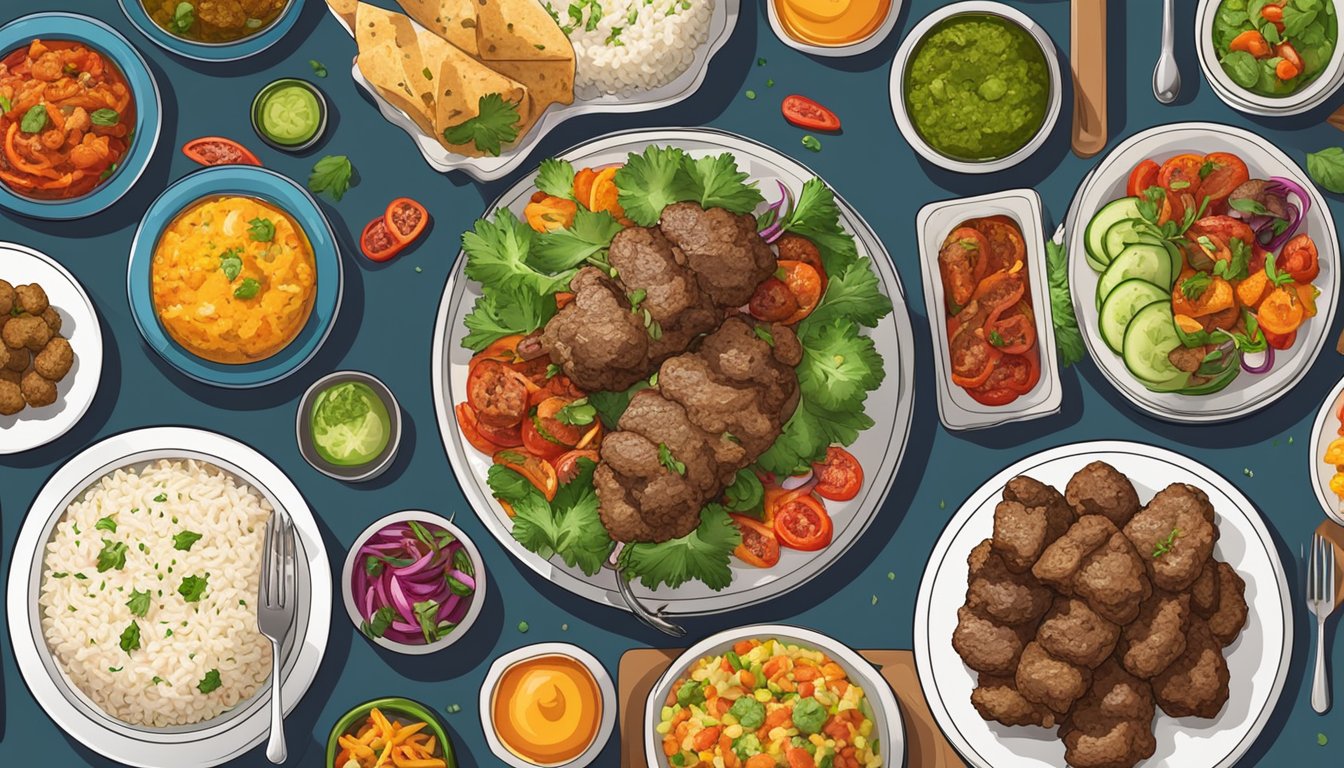 A lamb kebab surrounded by a variety of colorful and vibrant side dishes and accompaniments, such as rice, vegetables, and sauces, arranged on a plate