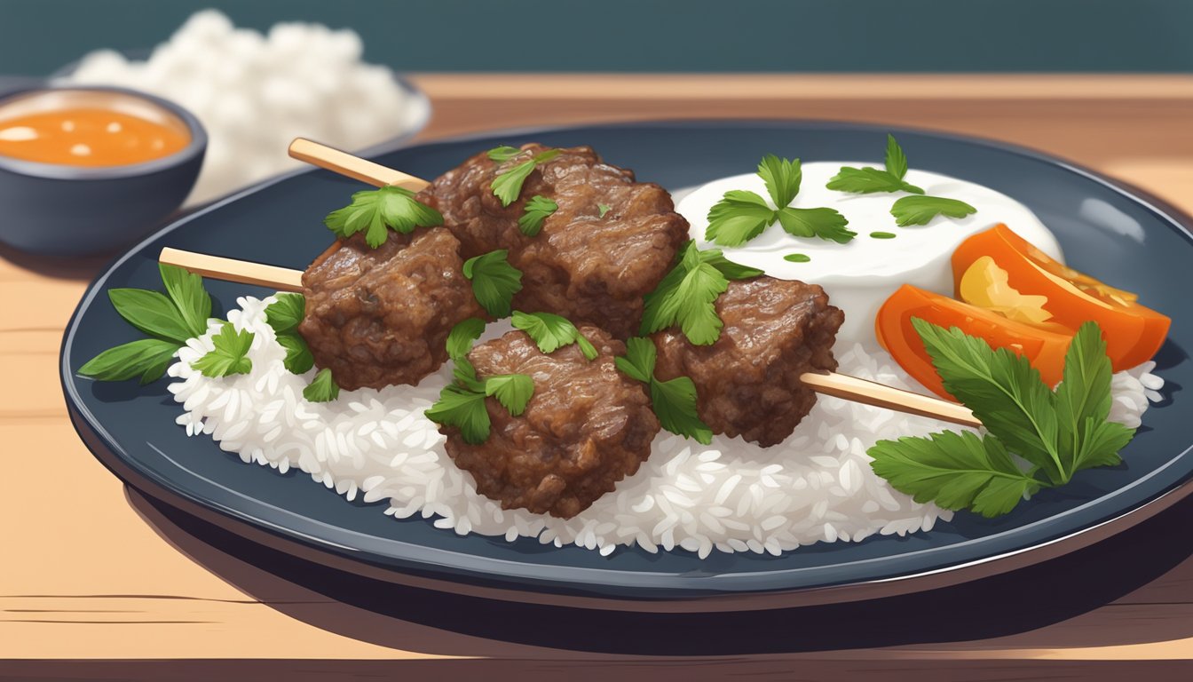 A lamb kebab on a skewer, garnished with fresh herbs, and served on a bed of fluffy rice with a side of tangy yogurt sauce