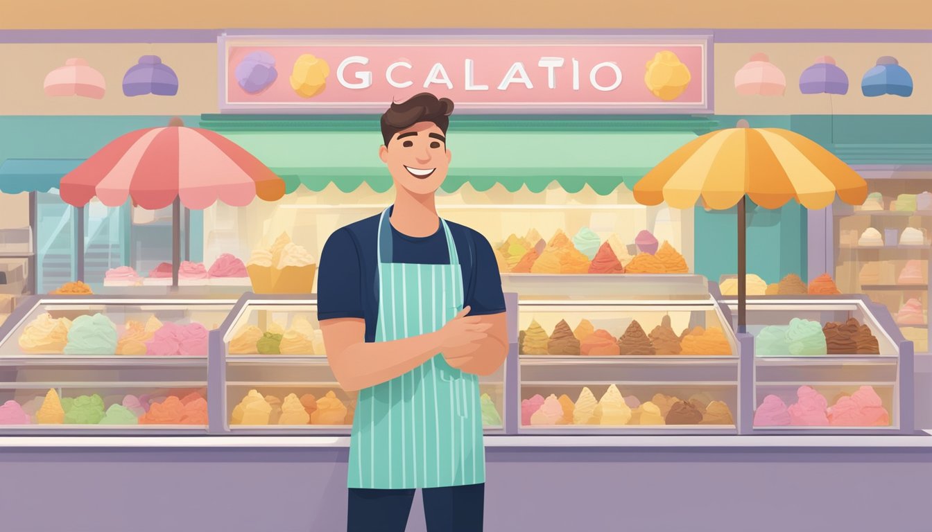 A person holding a cone of gelato, with a smile on their face, standing in front of a gelato shop with colorful displays