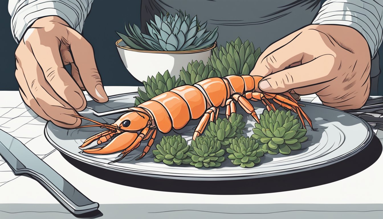 A person delicately cracks open a langoustine, revealing the succulent meat inside, ready to be savored