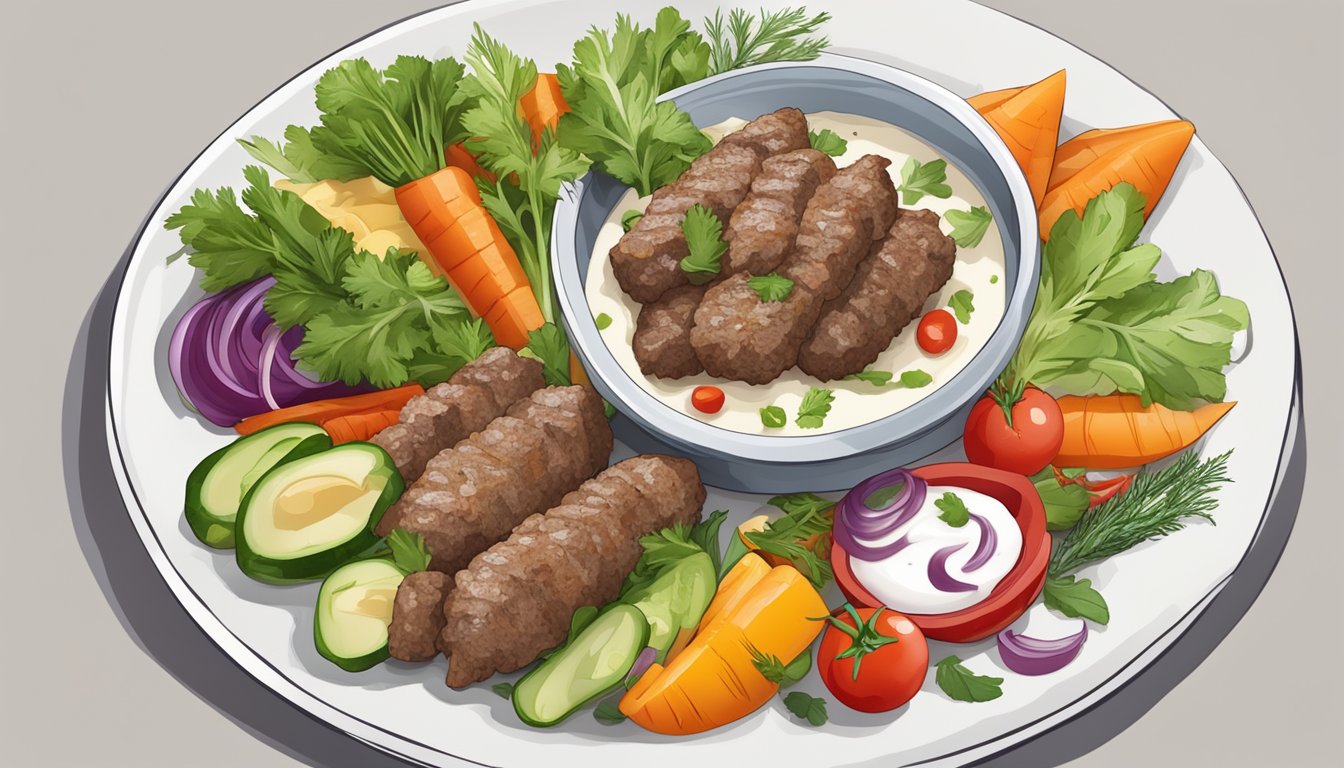 A lamb kebab surrounded by a variety of colorful vegetables and herbs, served on a plate with a side of yogurt sauce