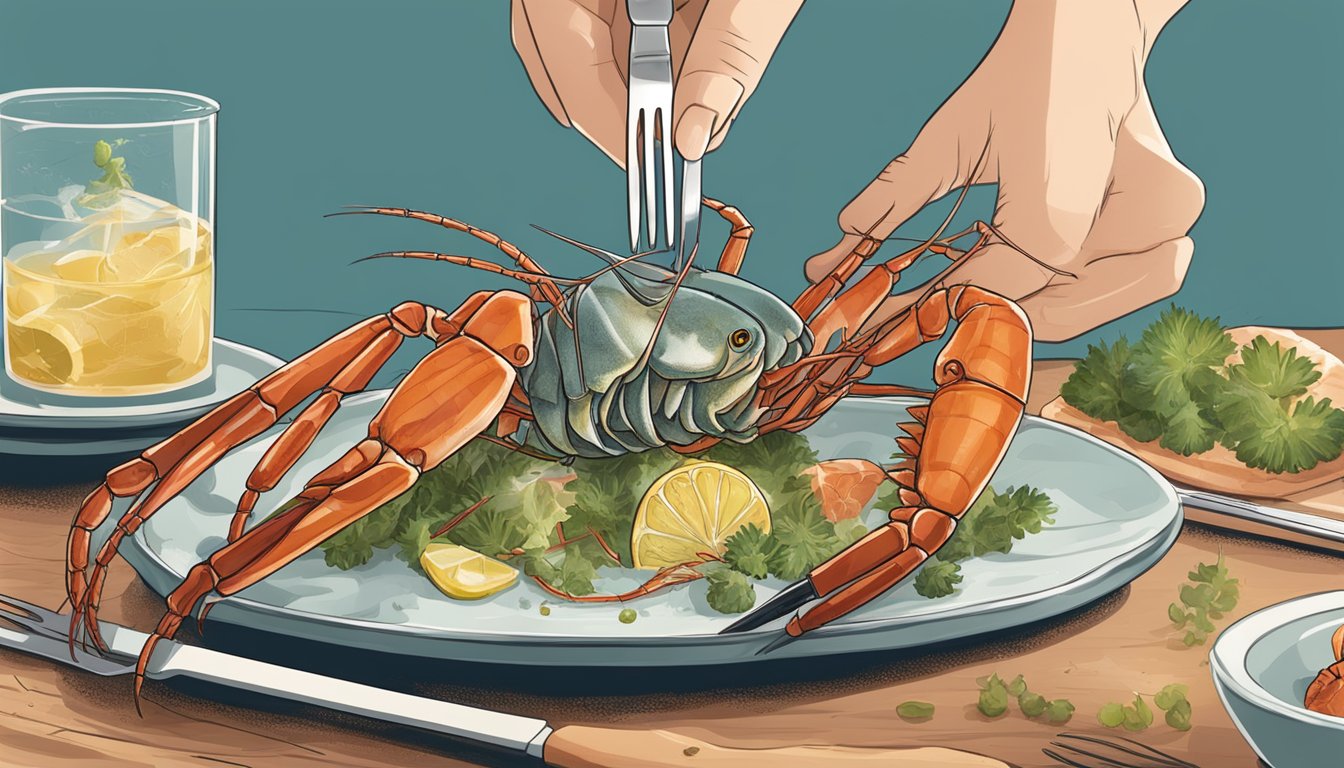 A langoustine being delicately cracked open and its succulent meat being extracted with a fork