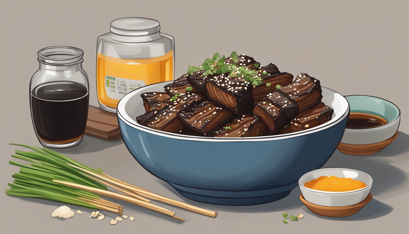 A bowl filled with soy sauce, garlic, sugar, and sesame oil, with a pile of Korean BBQ short ribs next to it