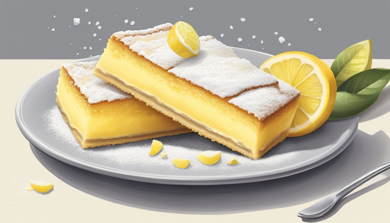 A lemon bar sits on a white plate, surrounded by scattered lemon wedges and a bowl of powdered sugar. A fork rests on the edge of the plate