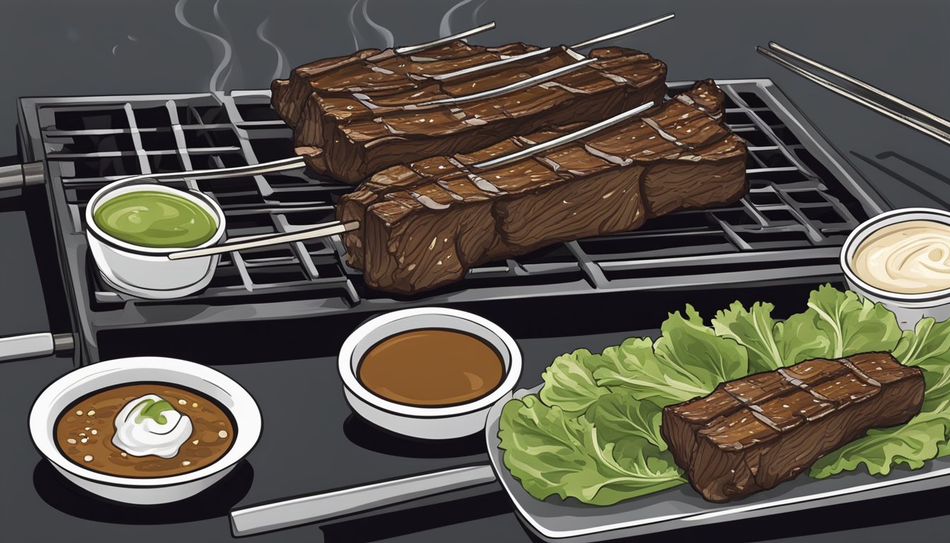 A pair of metal tongs lifting a sizzling Korean BBQ short rib off the grill, with a side of lettuce leaves and dipping sauces nearby