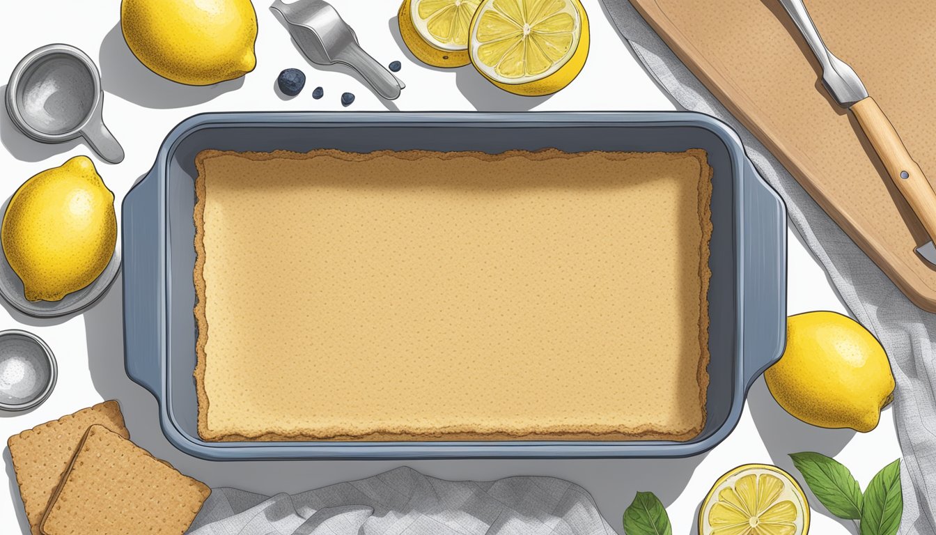 A hand presses graham cracker crust into a baking dish. Lemon zest sits nearby