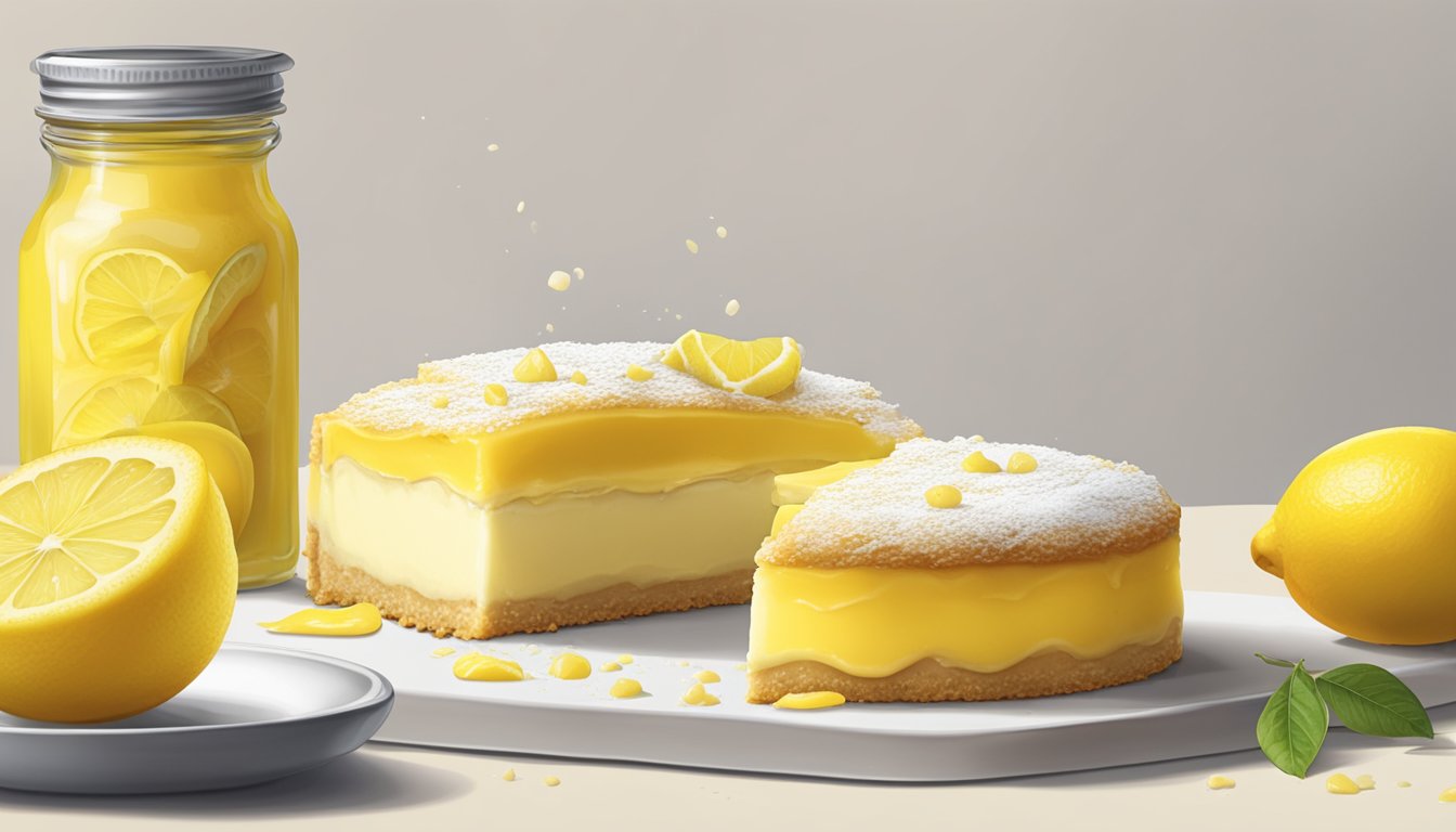 A lemon bar being cut and filled with lemon curd