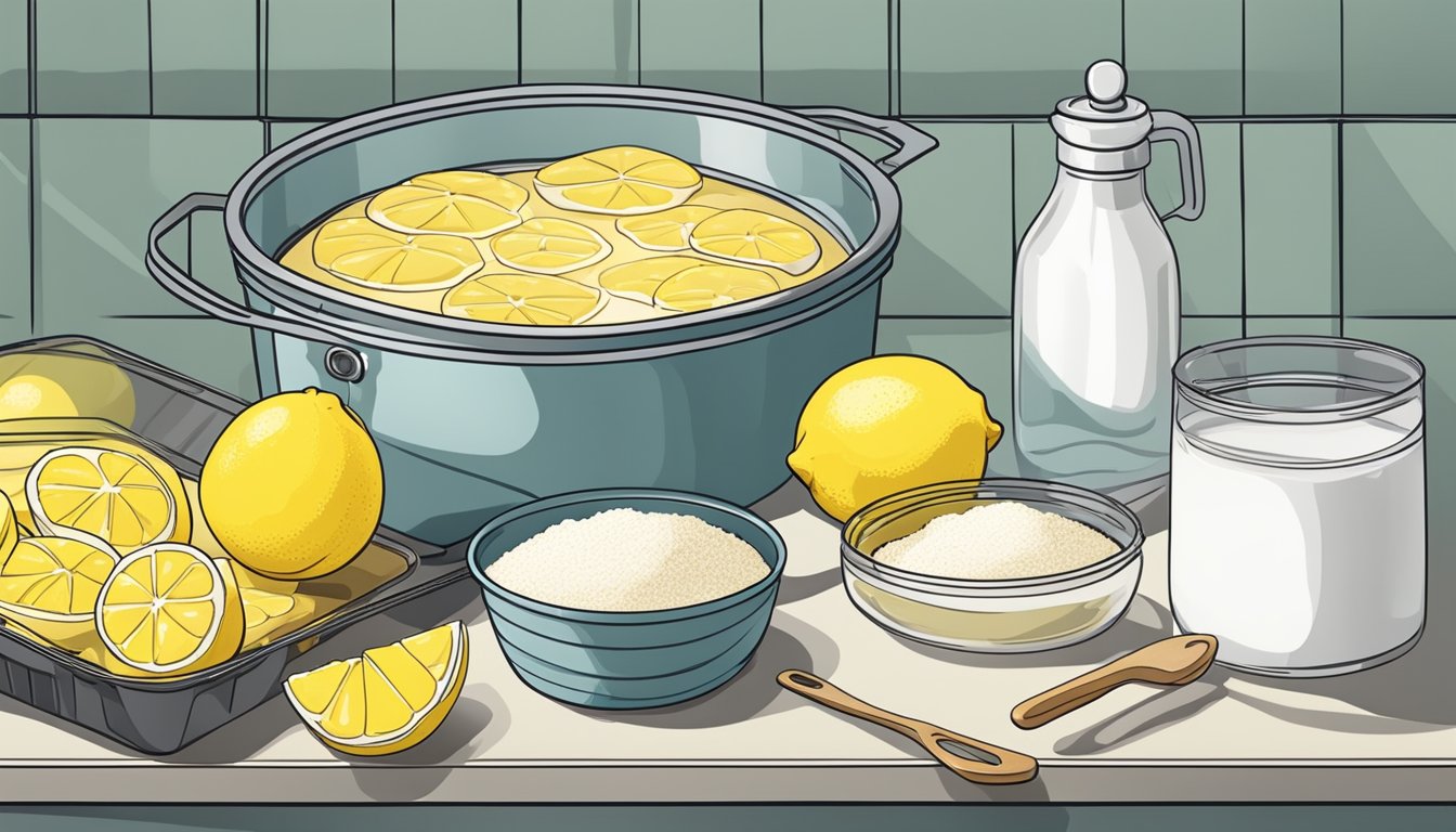 A kitchen counter with ingredients and utensils for making lemon bars, a mixing bowl, a baking pan, and a freshly baked batch cooling on a wire rack