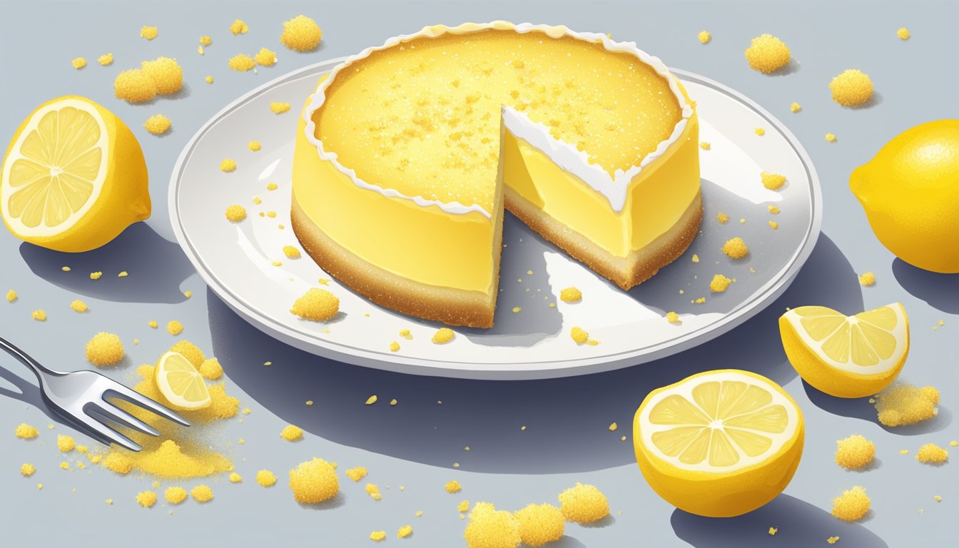 A lemon bar sits on a delicate plate, surrounded by scattered crumbs. A fork rests beside it, its tines coated in a sticky lemon filling