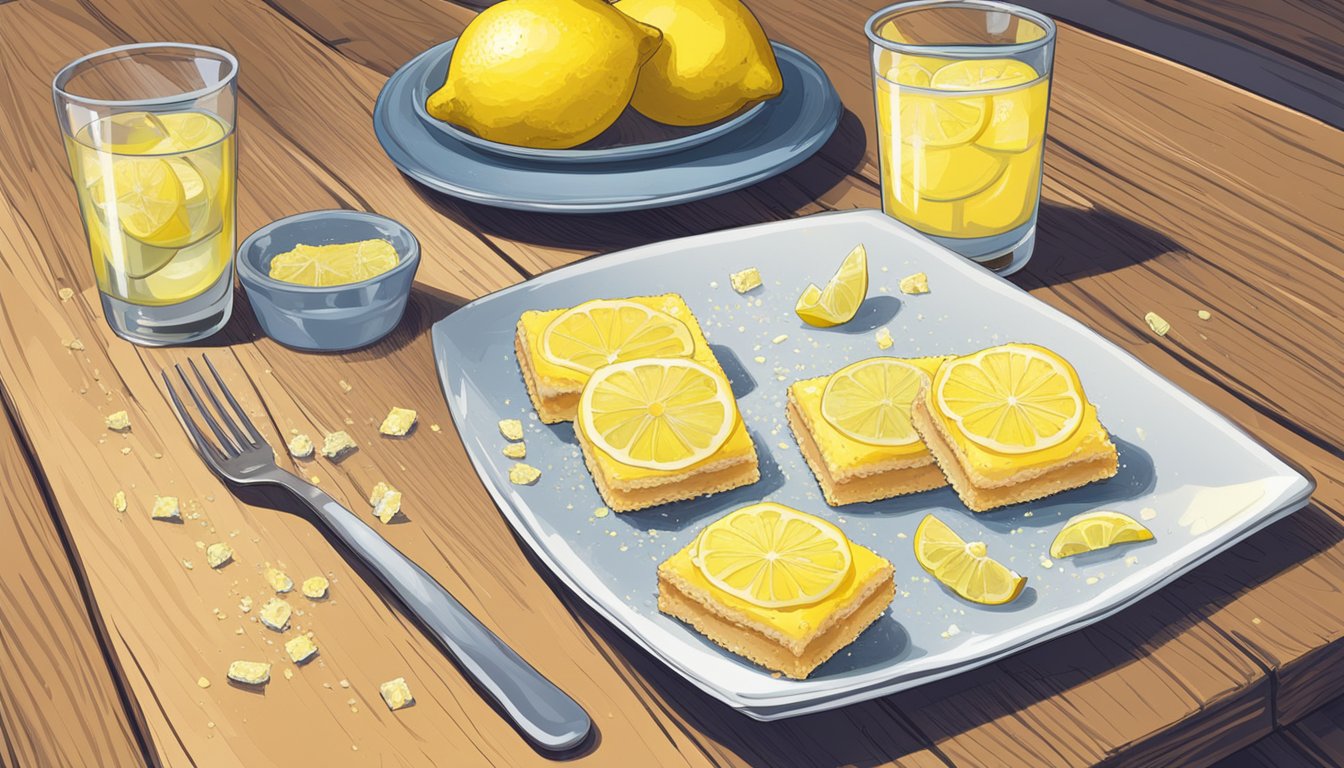 A plate of lemon bars on a wooden table, with a few crumbs scattered around. A glass of lemonade sits next to the plate