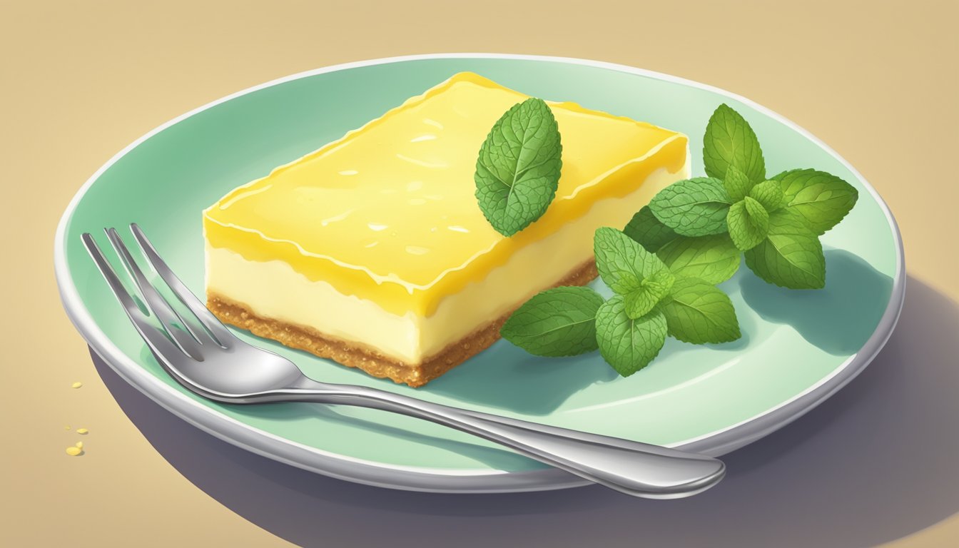 A lemon bar sits on a delicate plate, surrounded by scattered lemon slices and a sprig of mint. A fork rests beside it, ready to take a bite