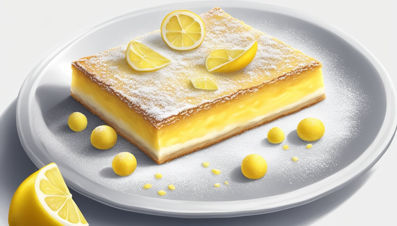 A lemon bar on a white plate, garnished with a twist of lemon peel and a dusting of powdered sugar