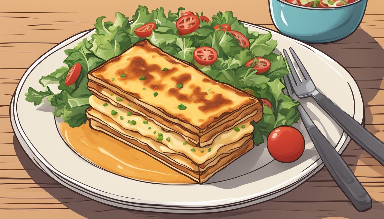 A slice of lasagna on a plate with a side of garlic bread and a small salad, all arranged neatly on a wooden table