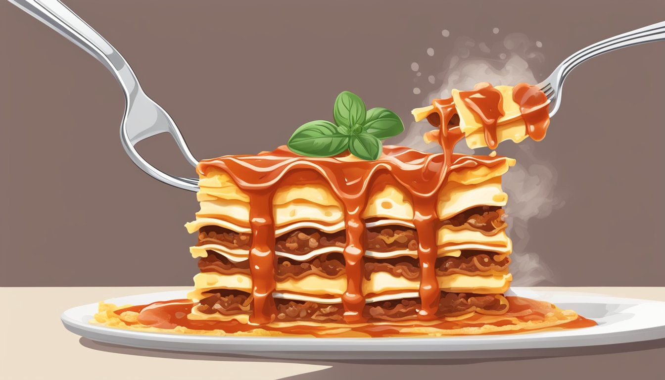 A fork slices through layers of lasagna, steam rising from the rich, bubbling cheese and tomato sauce. A bite is lifted to the mouth, capturing the savory aroma