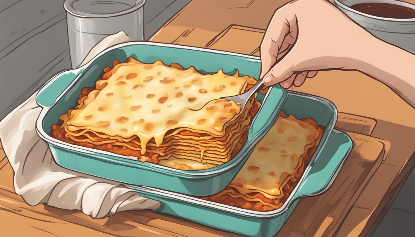 A slice of lasagna being lifted from a baking dish with layers of pasta, sauce, and melted cheese oozing out