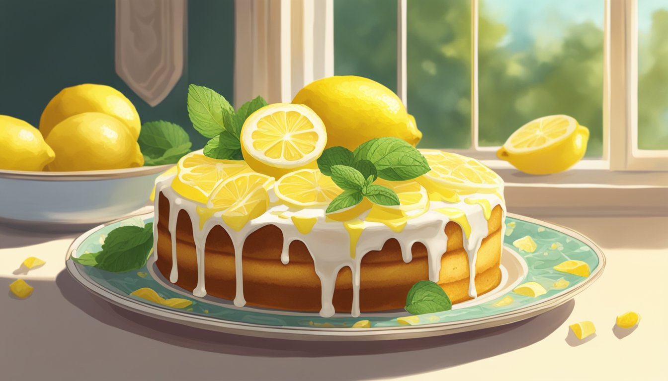 A lemon drizzle cake sits on a vintage floral plate, surrounded by scattered lemon slices and a sprig of fresh mint. Sunlight streams through a nearby window, casting a warm glow on the cake