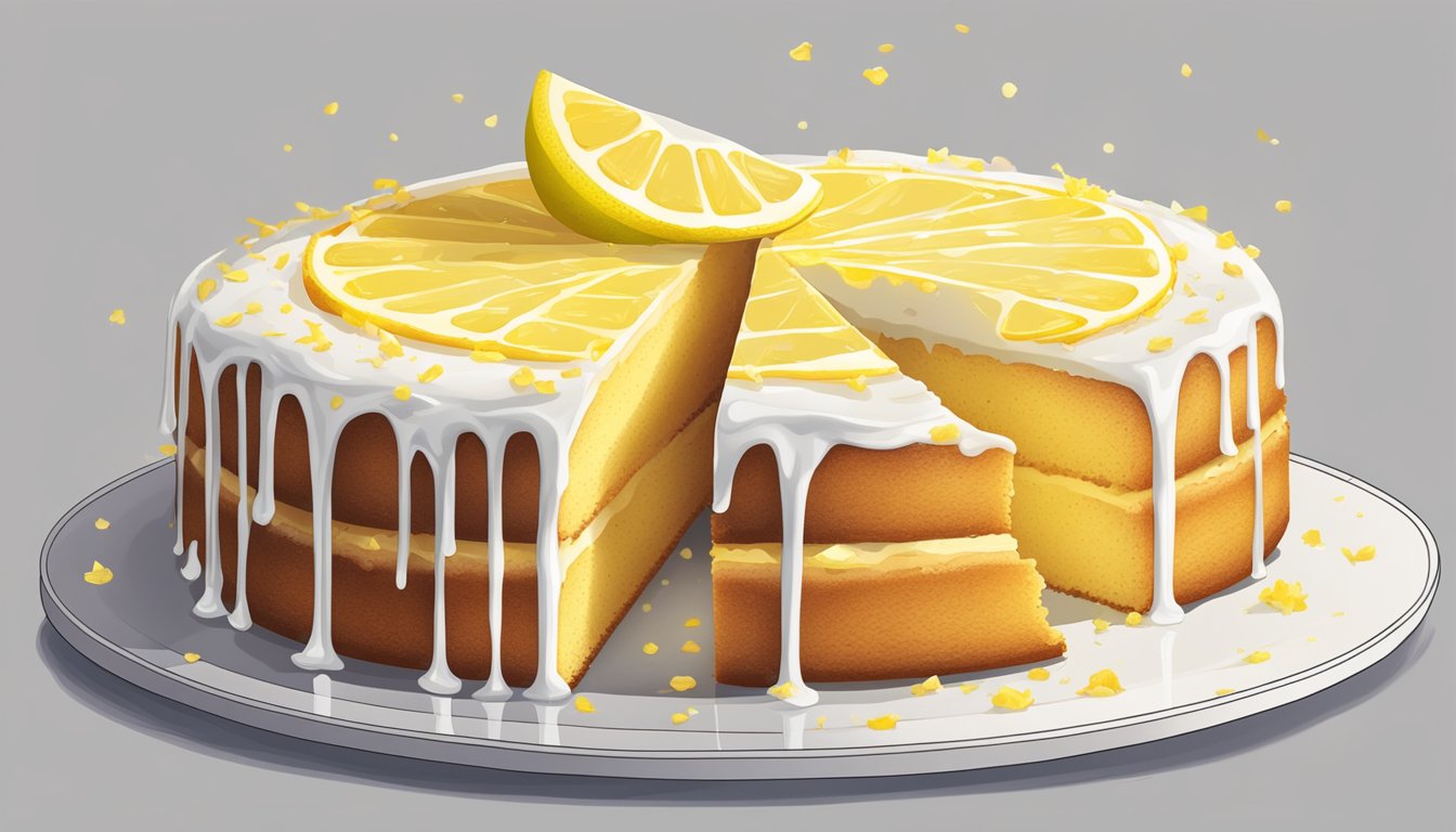 A lemon drizzle cake sits on a white plate, with a slice removed. The cake is topped with a thin layer of icing and lemon zest